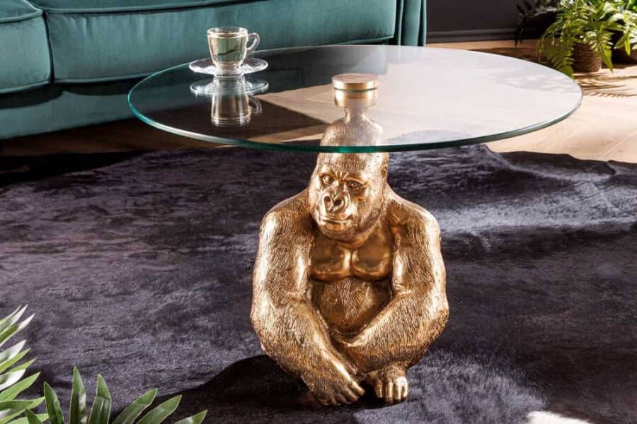 Invicta Interior Ronde salontafel WILDLIFE KONG 60cm goud metaal glas aap figuur gorilla sculptuur handgemaakt 43518