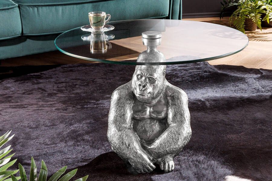 Invicta Interior Ronde salontafel WILDLIFE KONG 60cm zilver metaal glazen aap beeldje gorilla sculptuur handgemaakt 45435