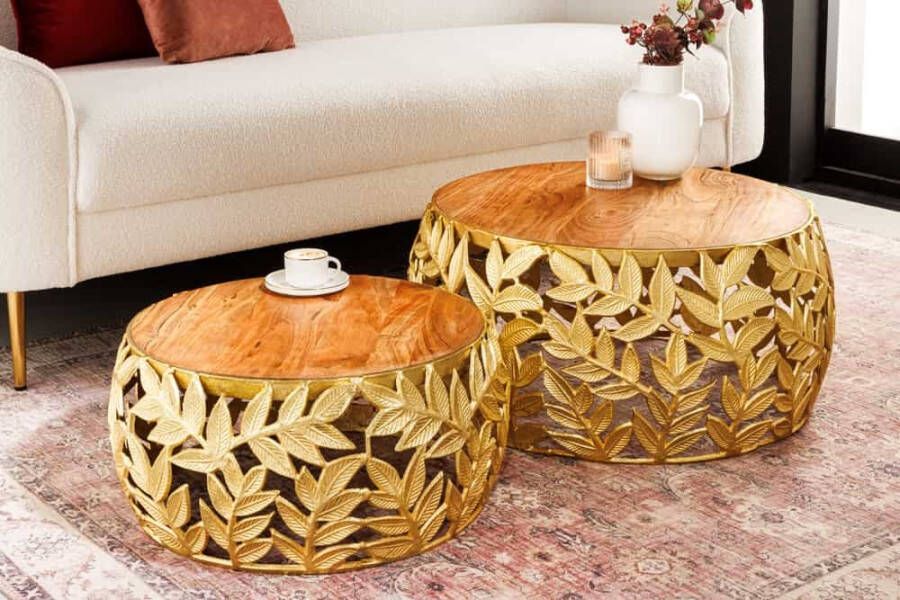 Invicta Interior Ronde set van 2 salontafels ABSTRACT LEAF 70cm natuurlijk goud massief hout acacia metalen bladontwerp 43818