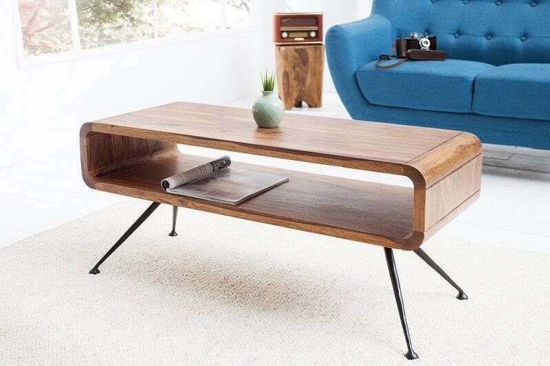 Invicta Interior Retro salontafel ALPHA 100cm Sheesham steenafwerking met massief houten plank zwarte metalen poten 37512