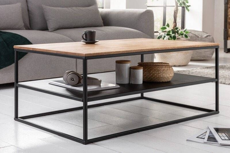 Invicta Interior industrieele salontafel APPARTEMENT 95cm massief hout geolied eiken met plank metalen frame zwart 41579