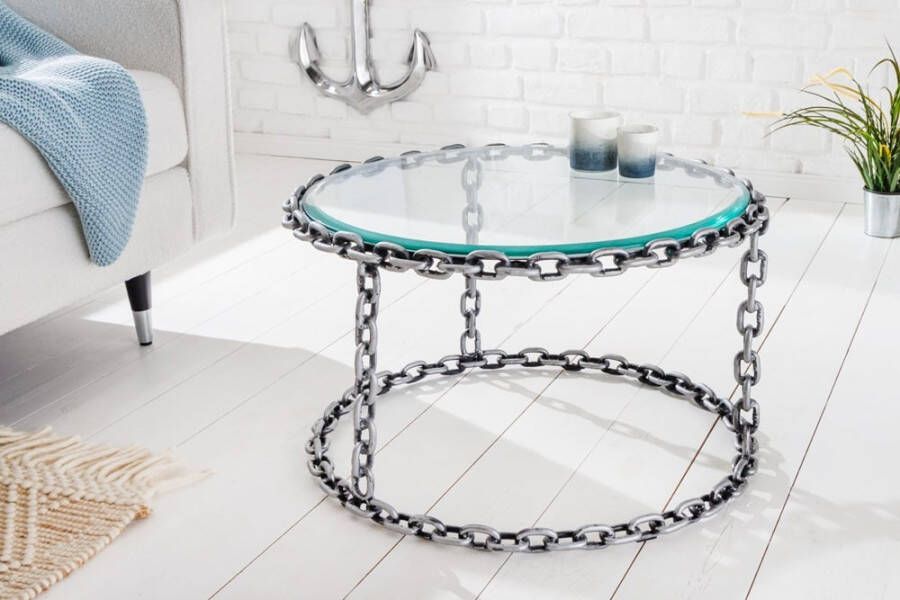 Invicta Interior Design salontafel CHAINS 65cm zilver handgemaakt metalen rond glazen blad kettingframe 42235