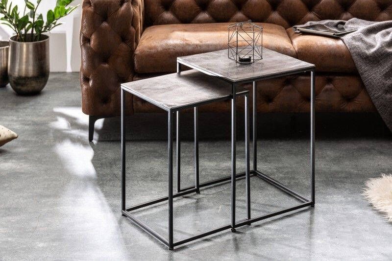Invicta Interior Handgemaakte bijzettafel set van 2 ELEMENTS 40cm zilverzwarte salontafel 40387