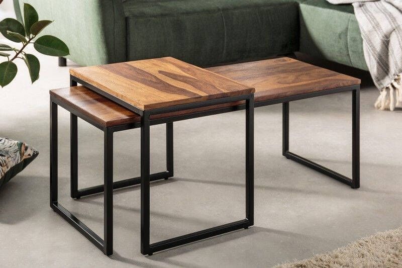 Invicta Interior Set van 2 design salontafels ELEMENTS 100cm Sheesham massief hout steenafwerking metalen frame 41069