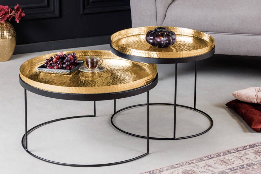 Invicta Interior Set van 2 ronde salontafels ELEMENTS ÃƒÆ'Ã‹Å“60cm goud zwart metalen dienblad tafel bijzettafel handgemaakt 42730