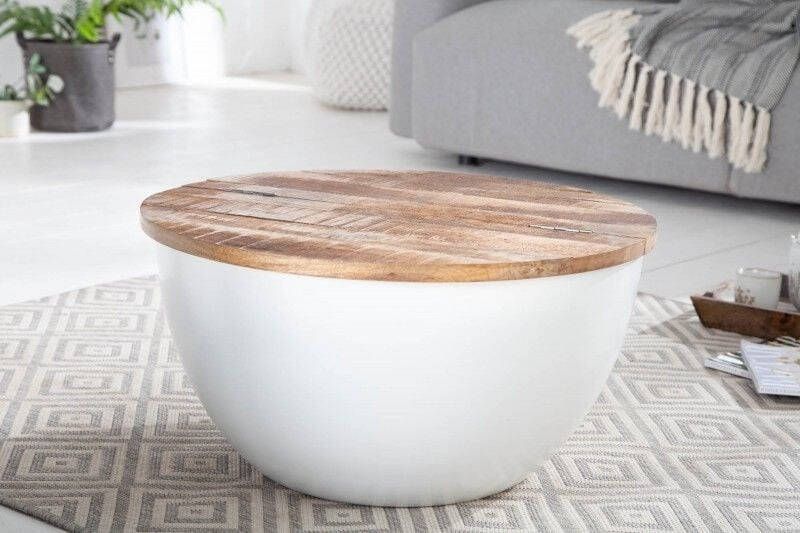 Invicta Interior Ronde salontafel INDUSTRIELE OPSLAG 60cm wit natuurlijk mangohout met opbergruimte handgemaakt 40892