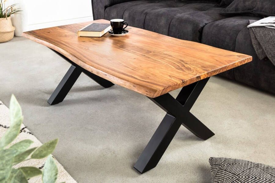 Invicta Interior Massief houten salontafel MAMMUT 120cm acacia honing afwerking X-frame zwart 2 5cm tafelblad 41654