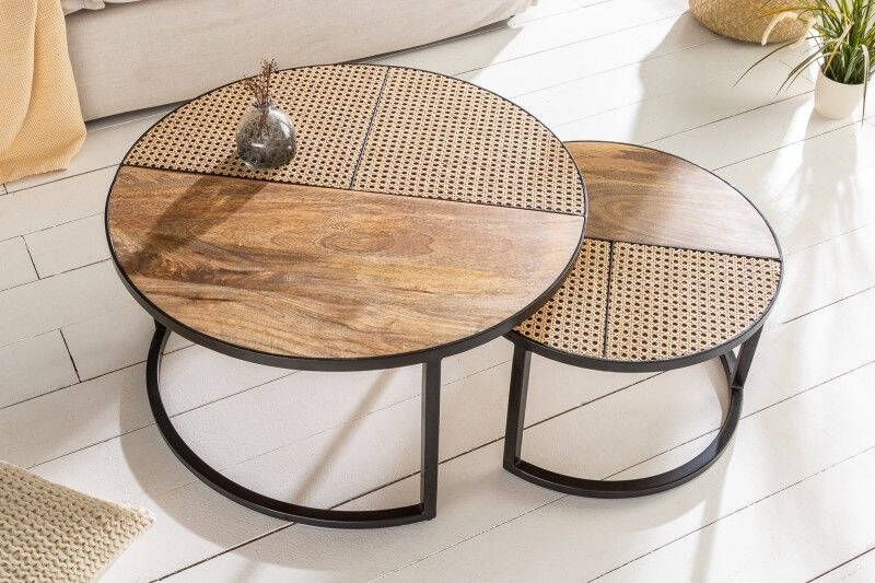 Invicta Interior Set van 2 salontafels VIENNA LOUNGE 70cm rond massief mangohout Weens rieten metalen frame zwart 40135