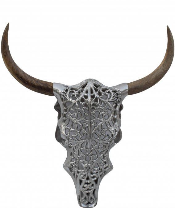 Invicta Interior Extravagante wanddecoratie EXOTIC BULL 57cm zilveren mangohouten stierenkop 39091