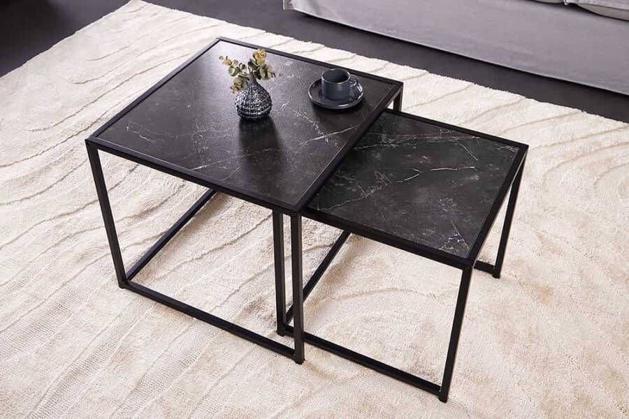 Invicta Interior Set van 2 bijzettafels SLIM LINE 50cm antraciet zwart marmeren design salontafel met metalen frame 44179