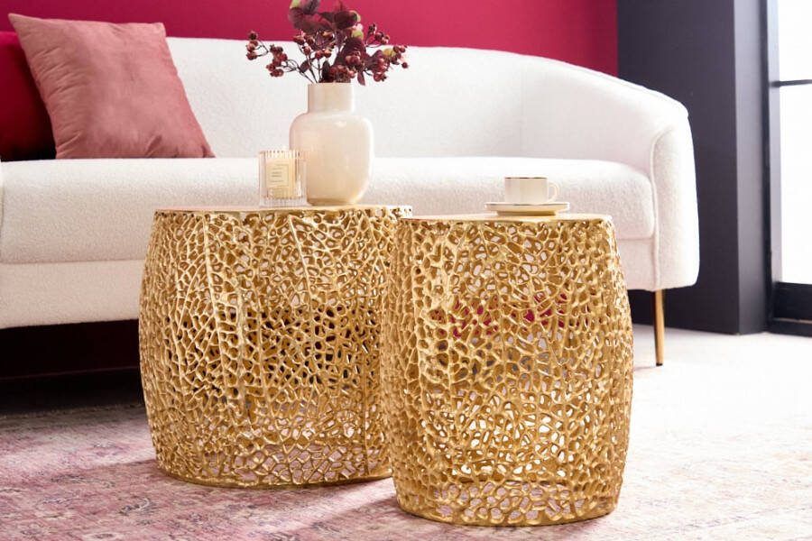 Invicta Interior Set van 2 filigrane design salontafels ABSTRACT LEAF goud handgemaakt metaal rond 43224