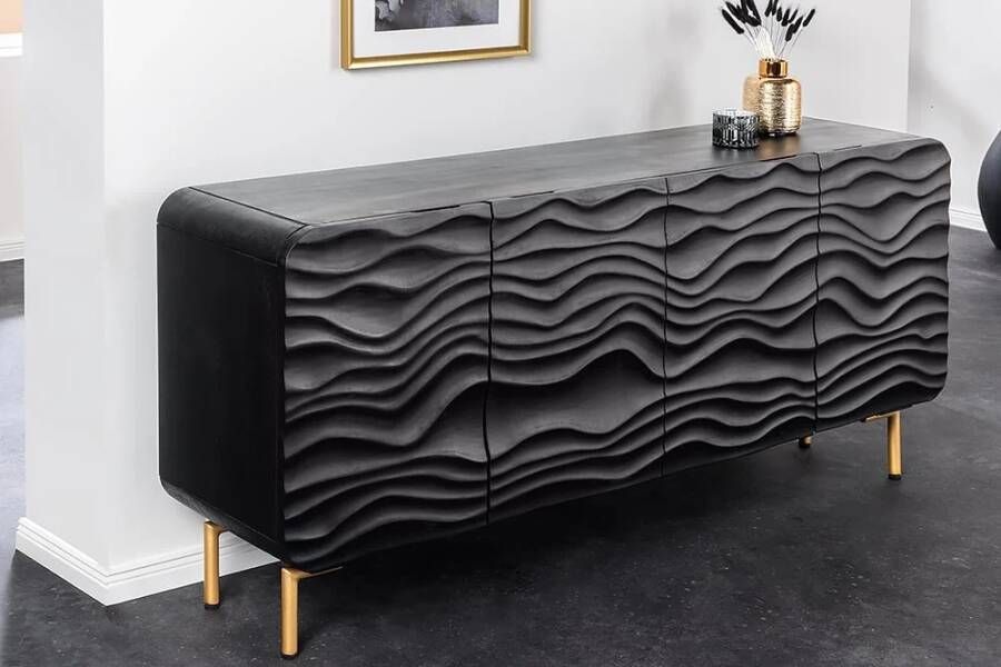 Invicta Interior Design dressoir WAVE 160cm zwart mat goud mango massief hout 43476