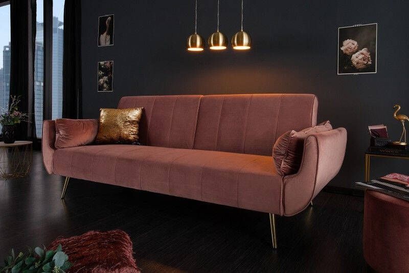 Invicta Interior Retro slaapbank DIVANI 220cm oudroze fluweel gouden poten bedfunctie 3-zitsbank 40091