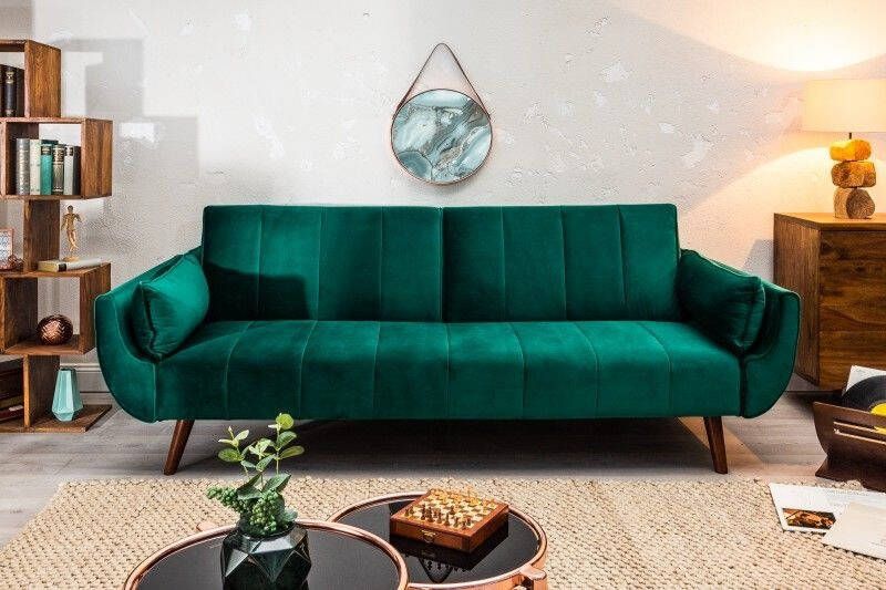 Invicta Interior Retro slaapbank DIVANI 220cm smaragdgroen fluweel 3-zitsbank met bedfunctie 40089