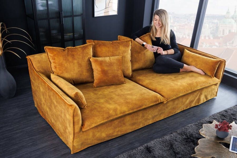 Invicta Interior Grote 3-zitsbank HEAVEN 200cm mosterdgeel fluwelen wasbare hoes slaapbank 40831