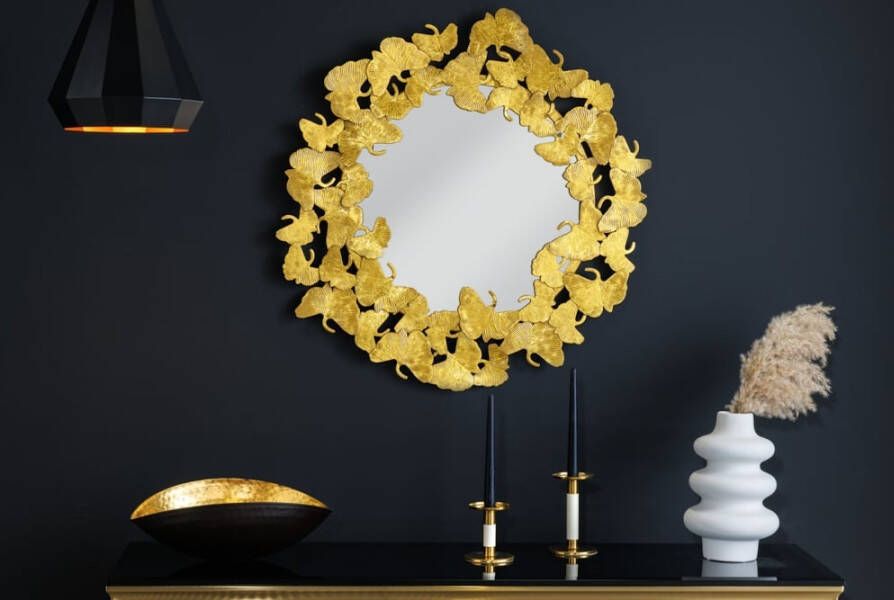 Invicta Interior Decoratieve wandspiegel GINKGO LEAFS L 70cm goud rond handgemaakt van metaal 42779