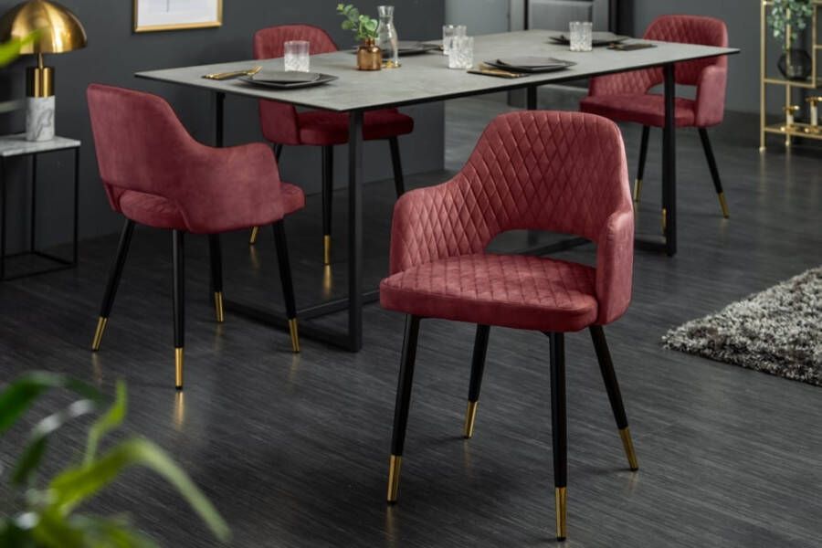 Invicta Interior Elegante stoel PARIS rood fluweel decoratief gewatteerd voetdoppen goud retro design met armleuningen 42291
