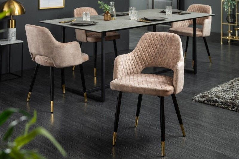 Invicta Interior Elegante stoel PARIS grijs fluweel decoratief quilten en gouden voetdoppen 40572