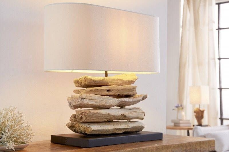 Invicta Interior Handgemaakte drijfhoutlamp RIVERINE 55 cm tafellamp met cremekleurige linnen kap 36786