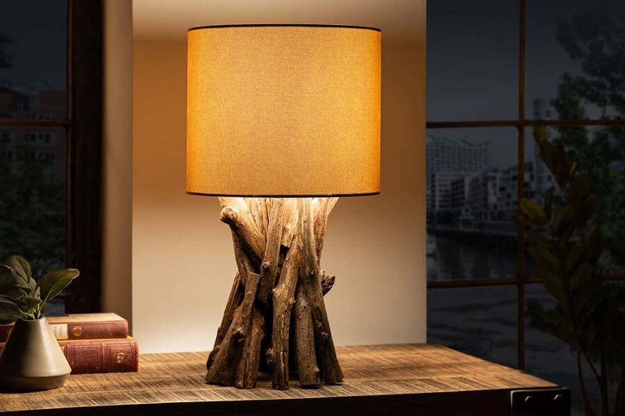 Invicta Interior Massief houten tafellamp HARMONY NATURE 50cm beige teakhout met linnen kap 41385