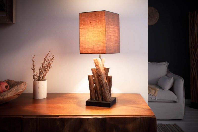 Invicta Interior Handgemaakte tafellamp PURE NATURE 45cm ijzerhout met katoenen kap 40402