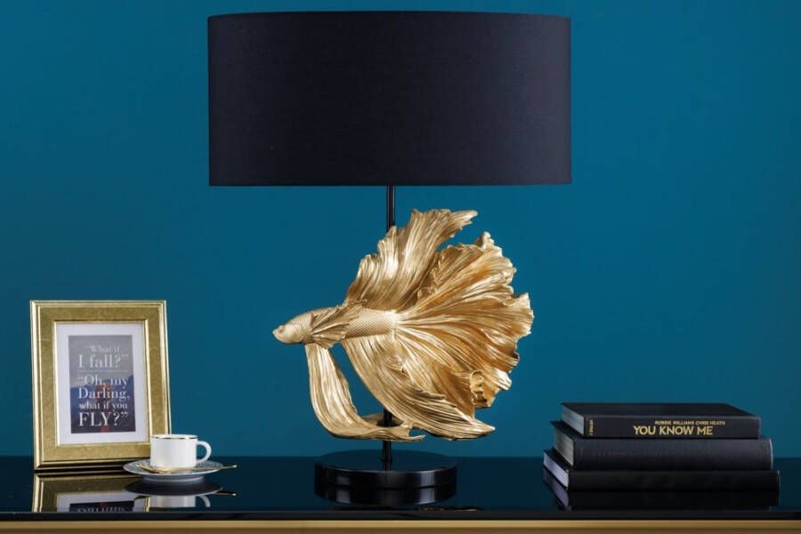 Invicta Interior Design tafellamp CROWNTAIL 65cm zwart goud stoffen kap marmeren voet 43170