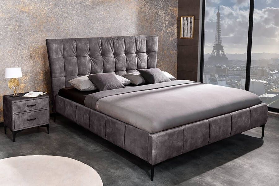 Invicta Interior Design tweepersoonsbed BOUTIQUE 160x200cm donkergrijs fluweel queen size bedframe 41669