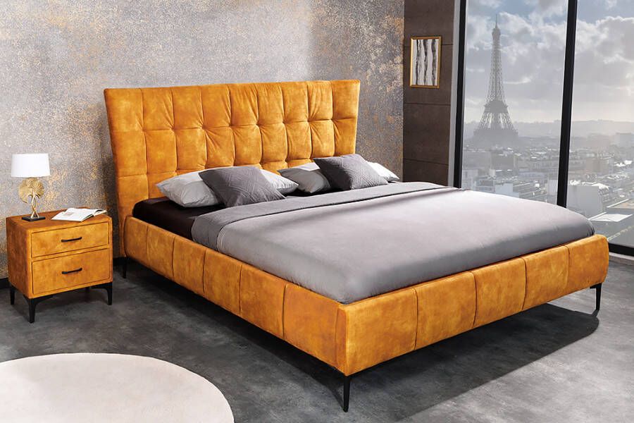 Invicta Interior Design tweepersoonsbed BOUTIQUE 160x200cm mosterdgeel fluweel queen size bedframe 41666