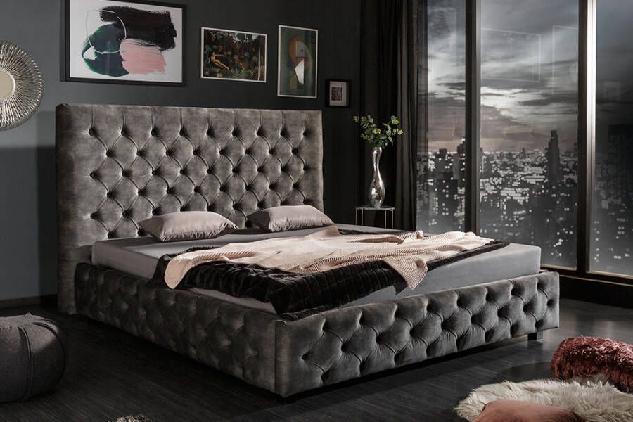Invicta Interior Design tweepersoonsbed PARIS 160x200cm grijs olijf fluweel Chesterfield gestoffeerd bed 43537