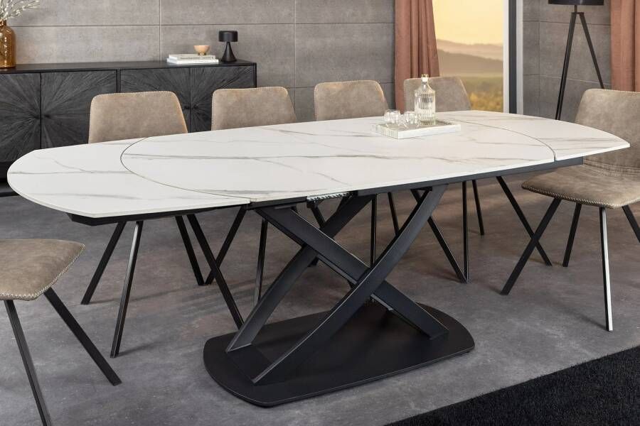 Invicta Interior Uitschuifbare eettafel INCEPTION 130-190 cm wit marmer keramiek zwart metalen frame 46423