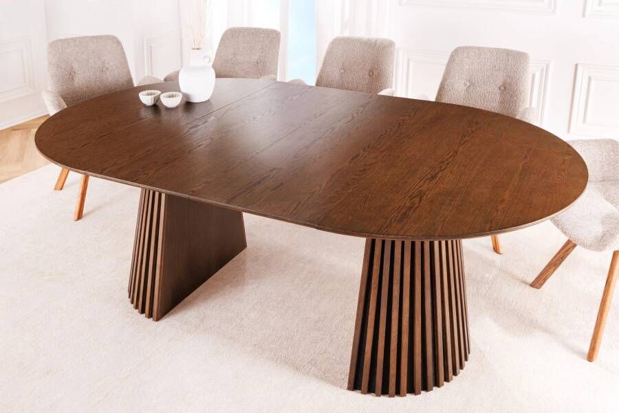 Invicta Interior Uitschuifbare eettafel VALHALLA WOOD 120-160-200cm gerookt bruin eiken ronde kolomvoet massief hout 44093