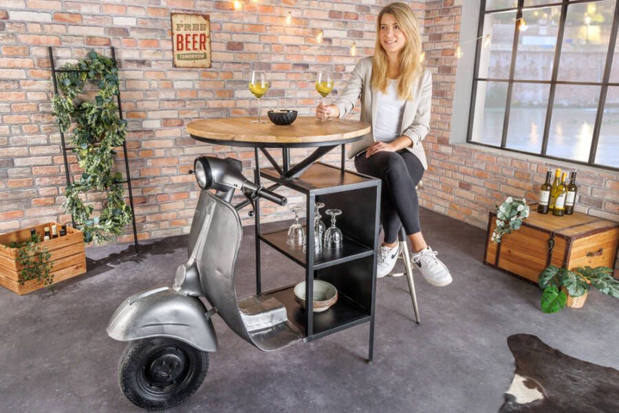 Invicta Interior Vintage bartafel UPCYCLING SCOOTER 120cm zilver mangohout rond handgemaakt 43596