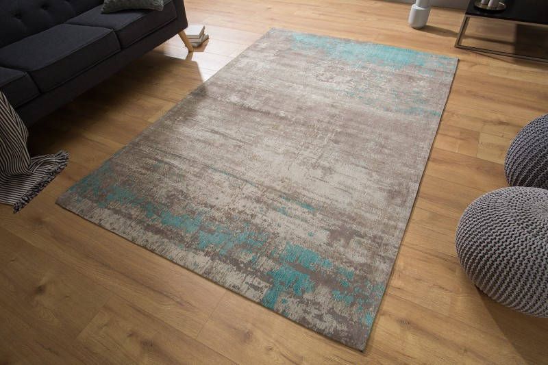 Invicta Interior Vintage katoenen tapijt MODERN ART 240x160cm grijs turquoise gewassen used look 38762