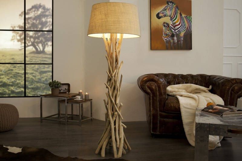 Invicta Interior Handgemaakte drijfhouten vloerlamp WILD NATURE 155cm zand met linnen kap 30208