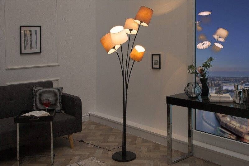 Invicta Interior Design vloerlamp LEVELS 176cm wit beige bruin met 5 linnen kappen 39059