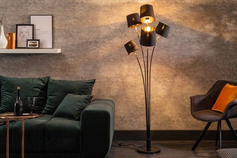 Invicta Interior Design vloerlamp LEVELS 176cm met 5 linnen kappen zwart goud vloerlamp 40038