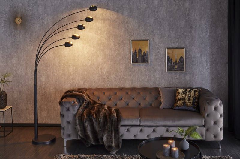 Invicta Interior Design booglamp FIVE LIGHTS 210cm zwartgouden vloerlamp met marmeren voet 22967