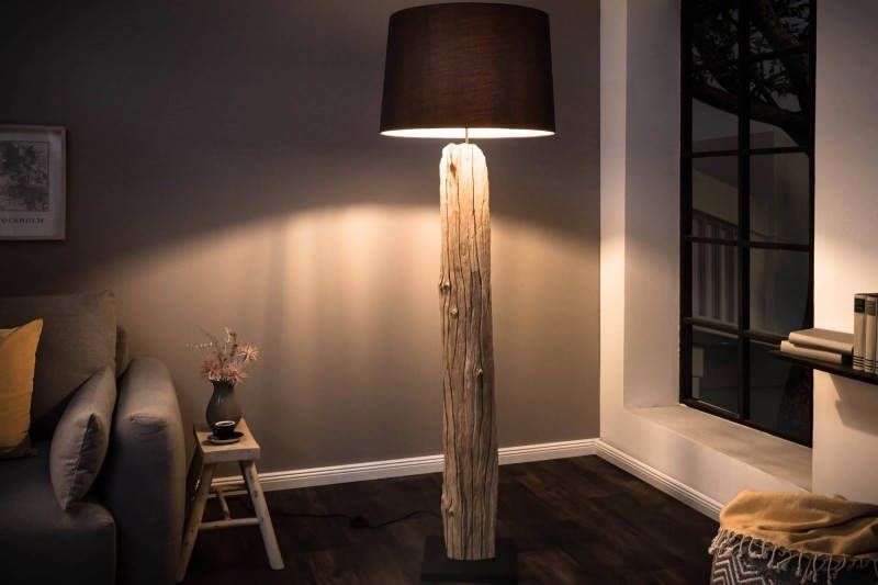 Invicta Interior Handgemaakte vloerlamp ROUSILIQUE 180cm zwarte drijfhoutlamp linnen kap boomstam 17321