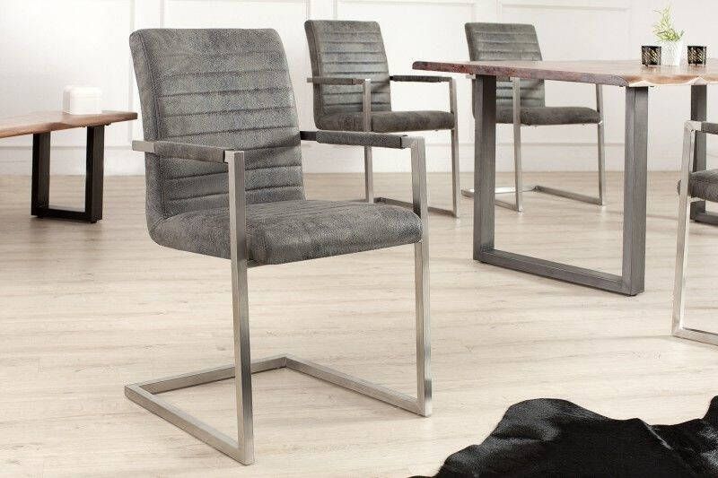 Invicta Interior industrieele sledestoel LOFT vintage grijs met armleuning RVS frame 37080