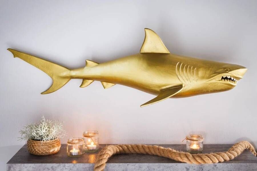 Invicta Interior Maritieme wanddecoratie HAI 105cm goud rechts metalen handgemaakt haai design sculptuur 43046