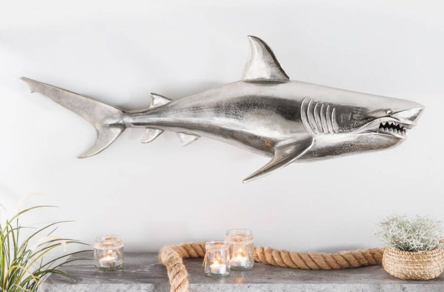 Invicta Interior Maritieme wanddecoratie HAI 105cm zilver rechts metalen haai design sculptuur 36353