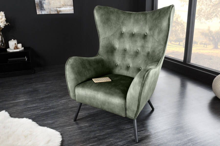 Invicta Interior Design XL fauteuil AMSTERDAM groen fluweel zwart metalen poten retrostijl 43569