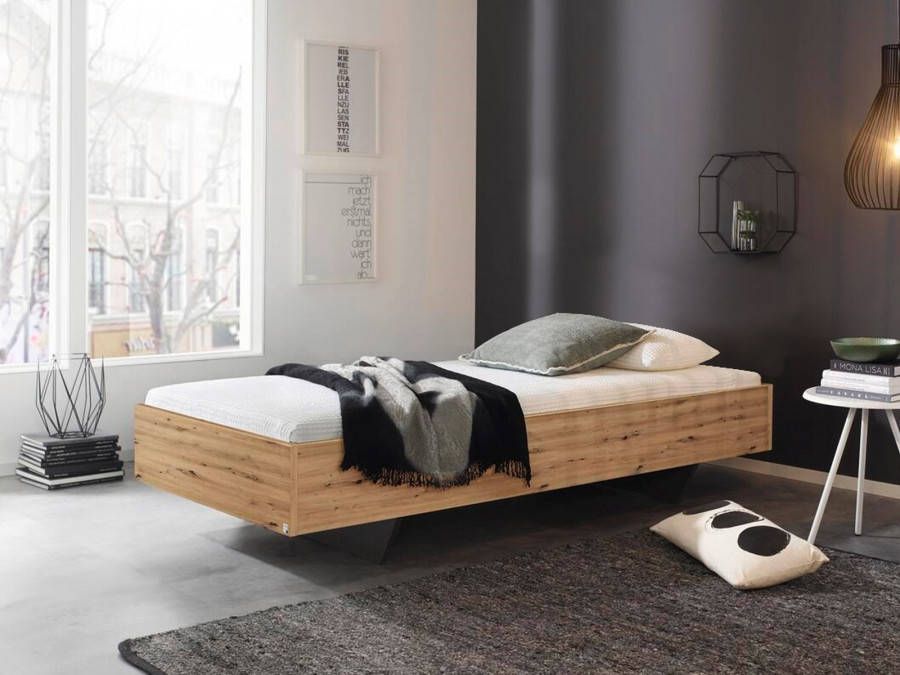 Mobistoxx Bed IXANA 90x200 cm artisan eik zonder hoofdeinde met matras zonder lattenbodem