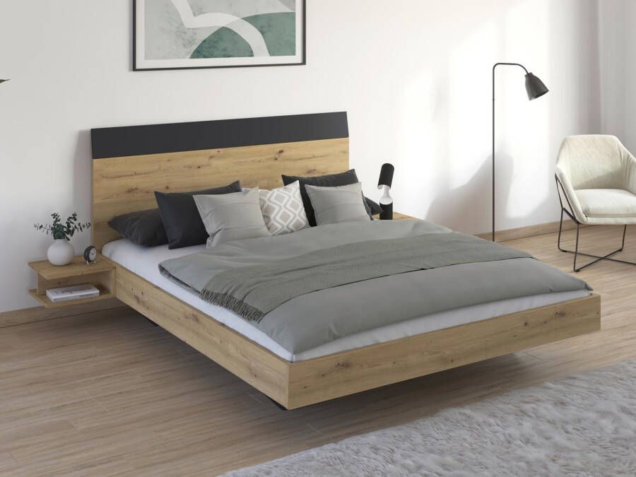 Mobistoxx Bed met nachtkastjes MANOZA 160x200 cm artisan eik metaalgrijs