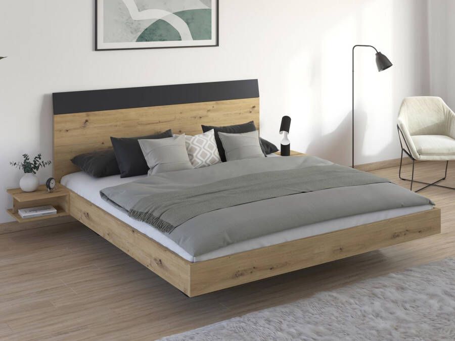 Mobistoxx Bed met nachtkastjes MANOZA 180x200 cm aritsan eik metaalgrijs