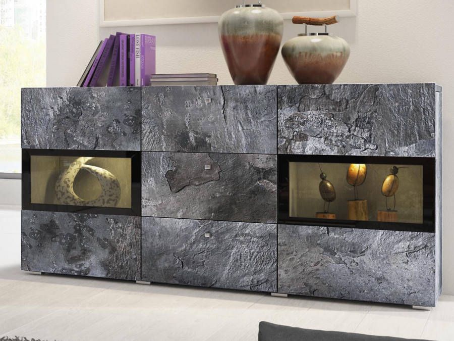 Mobistoxx Commode BABEL 2 deuren en 3 lades kleurrijke leisteen met verlichting