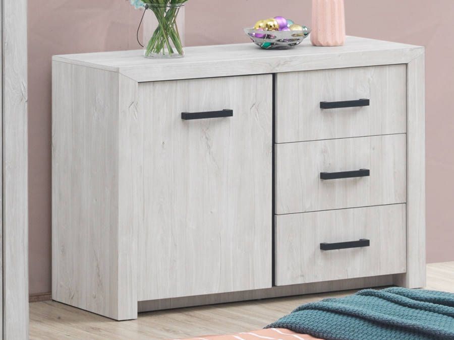 Mobistoxx Commode ELVITALIC 1 deur en 3 lades gebleekte eik
