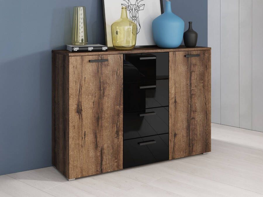 Mobistoxx Commode GALACTIC 2 deuren 4 lades hoogglans zwart monastery eik