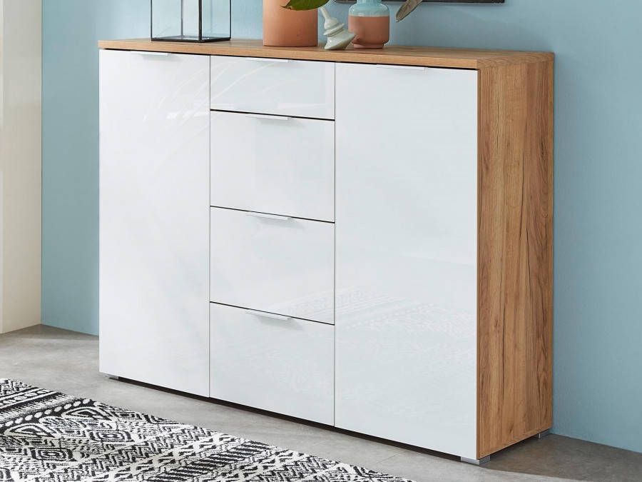 Mobistoxx Commode TOLDO 2 deuren 4 lades navarra eik hoogglans wit