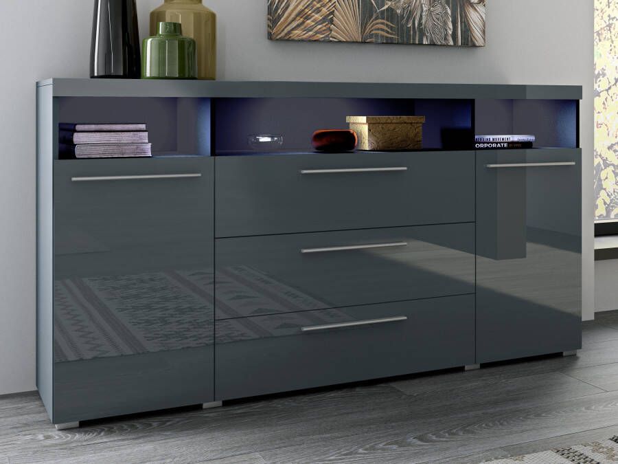 Mobistoxx Dressoir INAZO 2 deuren 3 lades grijs hoogglans grijs met led